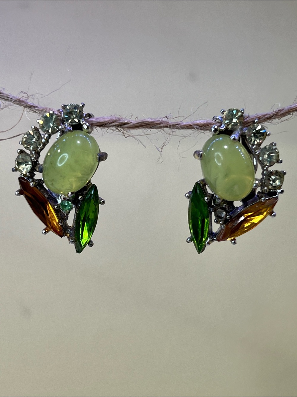 Vintage Green and Amber Crystal Cabochon  Earrings - Women Jewelry